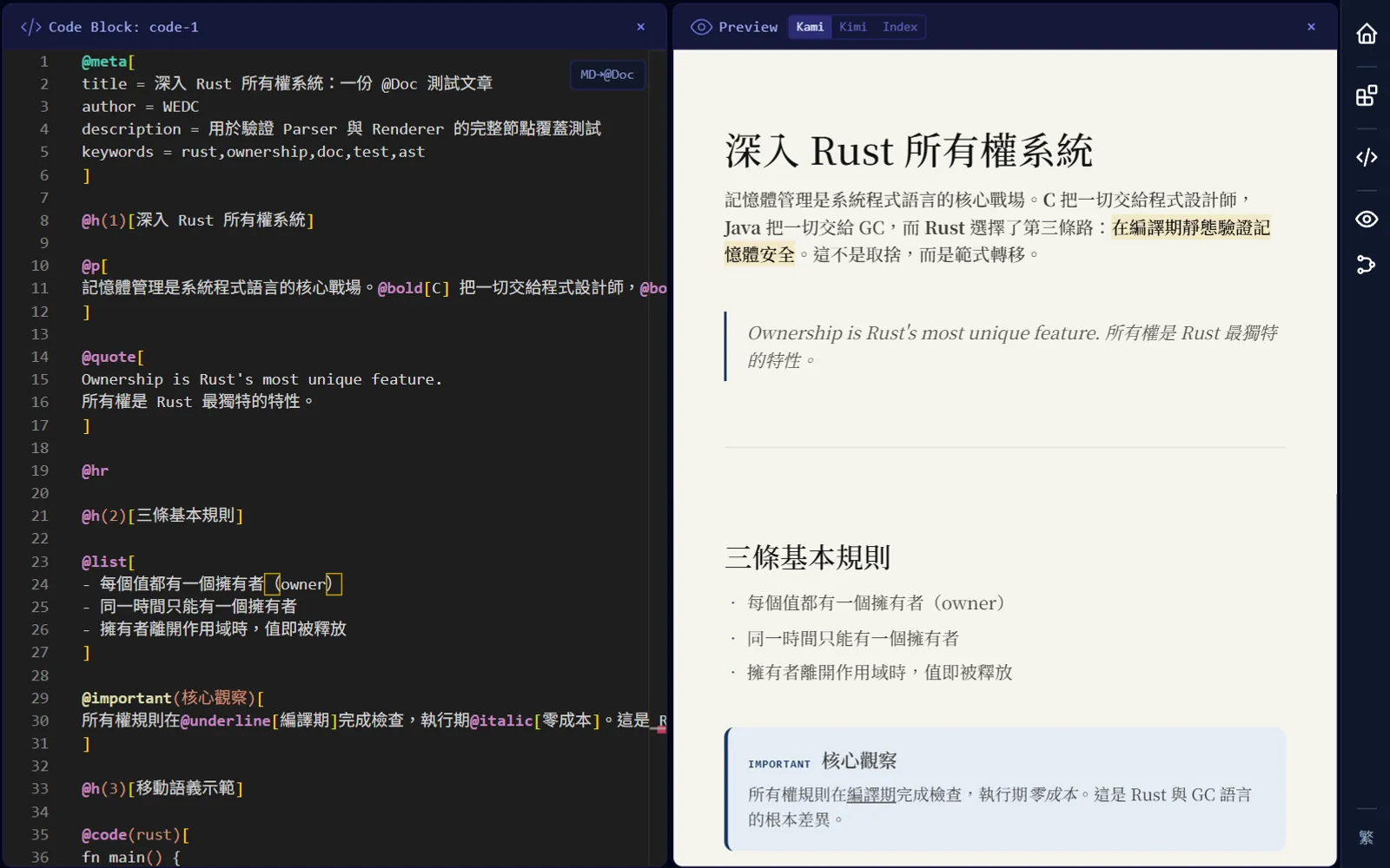 AtDoc Playground:左側是 AtDoc 語法,右側是渲染結果